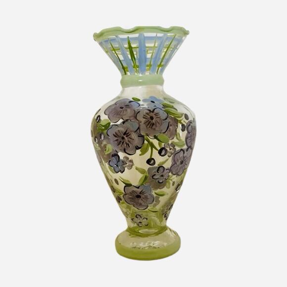 Vintage TRACY PORTER Hand-Painted Glass Bud Vase Purple Flowers Ruffled Rim 6.5” - Picture 3 of 10